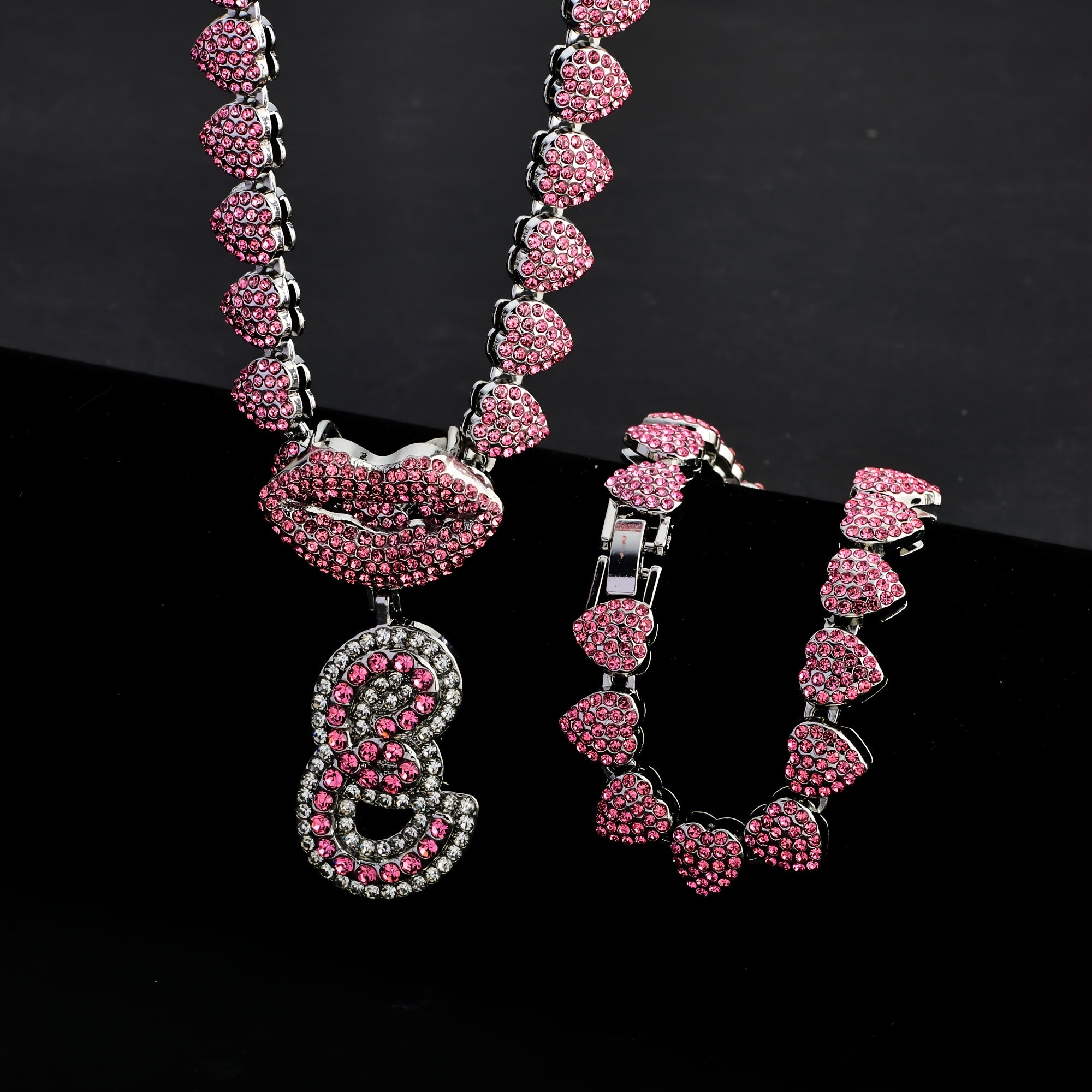 Hip Hop Y2K Style Pink Sexy Lips Pendant Necklace and Bracelet Set, A-Z Initials, Rhinestone Inlay, Zinc Alloy, Perfect for Daily Wear or Parties, Ideal Valentine's Day Gift for Men and Women, Hip Hop Jewelry